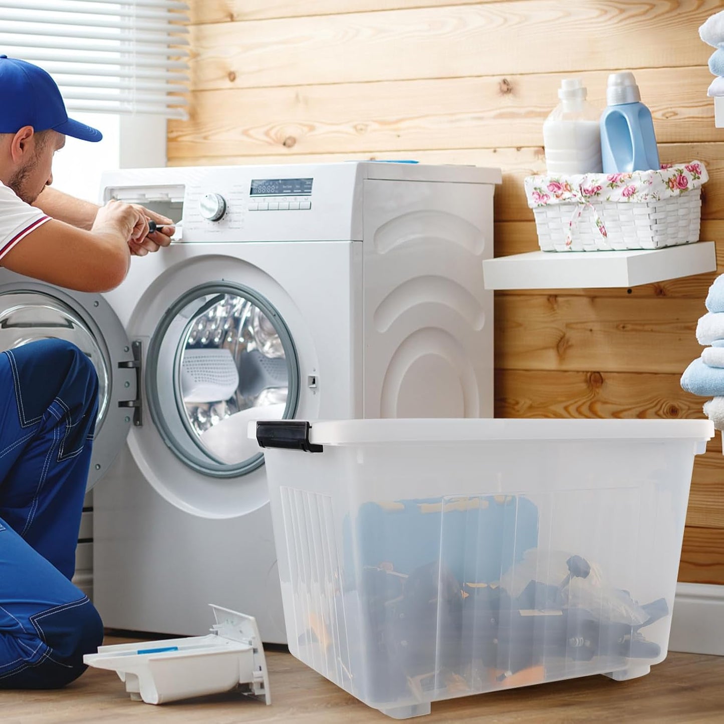 Set of 4 Large Plastic Storage Box with Lid, 30 L Latching Storage Box Bin, Clear