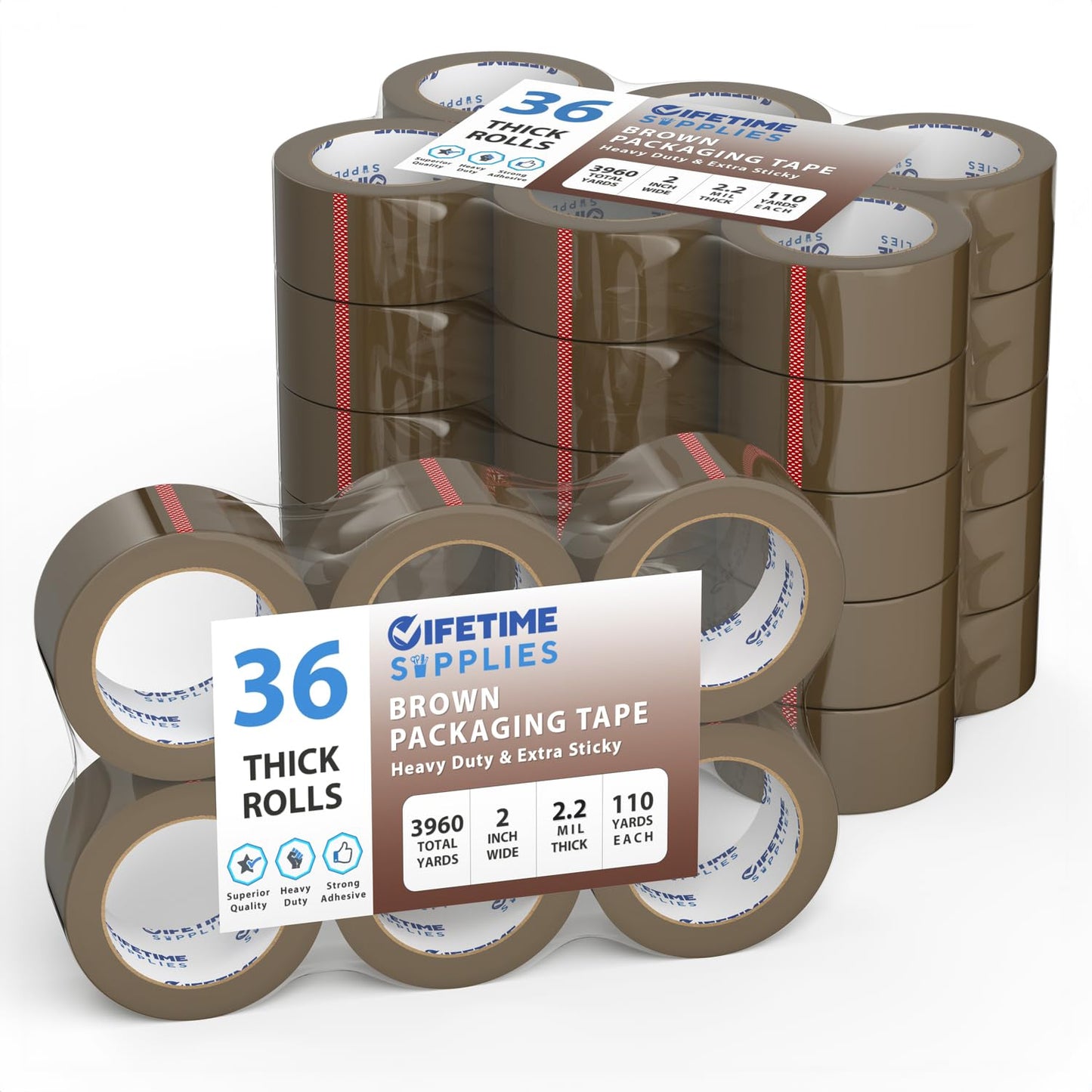 36 Rolls [Upgraded] 2" Brown Premium Packing Tape, 110 Yards, 2.2 mil, Heavy Duty Packaging Tape for Shipping, Moving, Sealing - Stronger & Thicker