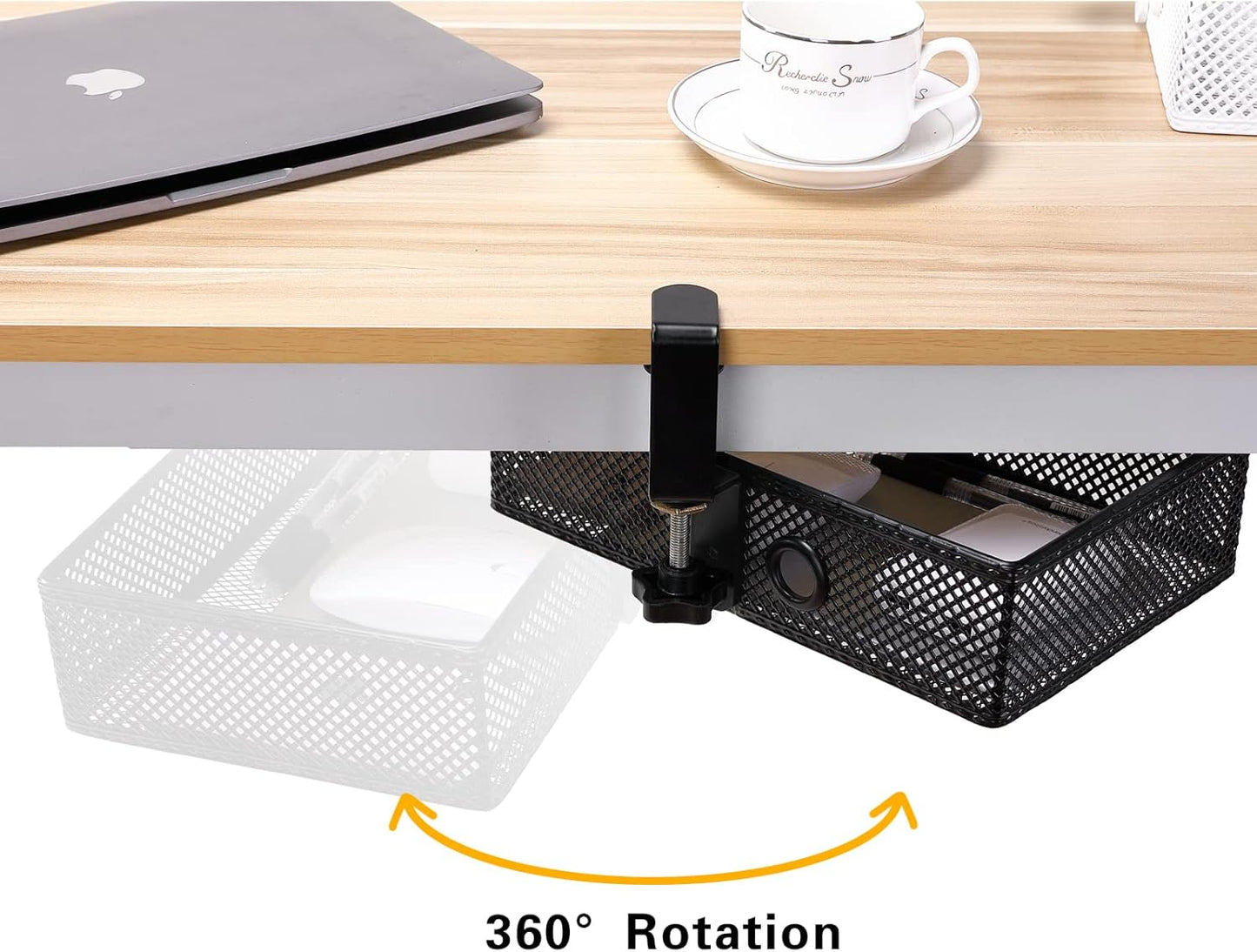 Mesh Desk Organizer and Clamp-on Swivel Pencil Drawer, Desk Hidden Extra Sturdy C-Clamp Mount System and Easy to Instal, Home Office Art Supply Storage Box (Black)