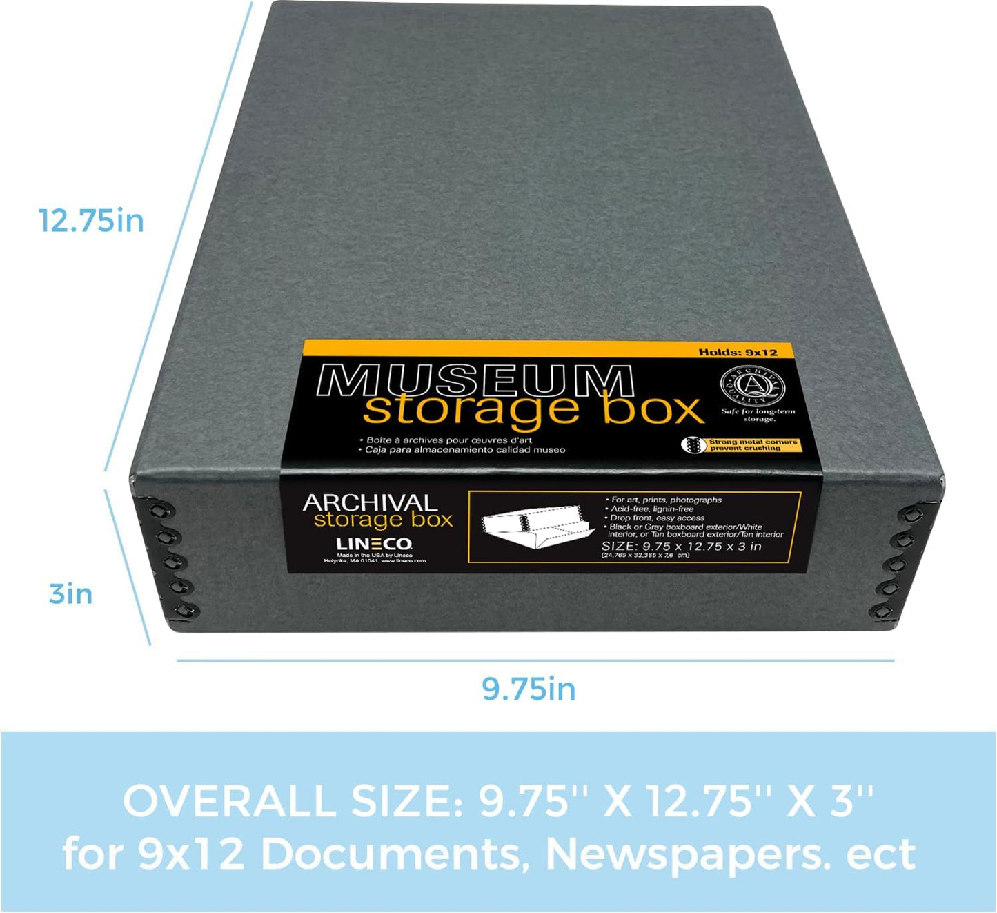 Lineco Museum Archival Storage Box, 9.75x12.75x3 in. Drop Front Design. Acid-Free with Metal Edge. Organize Photos, Pictures, Prints, Documents, Crafts, DIY. Gray, 1 Pack