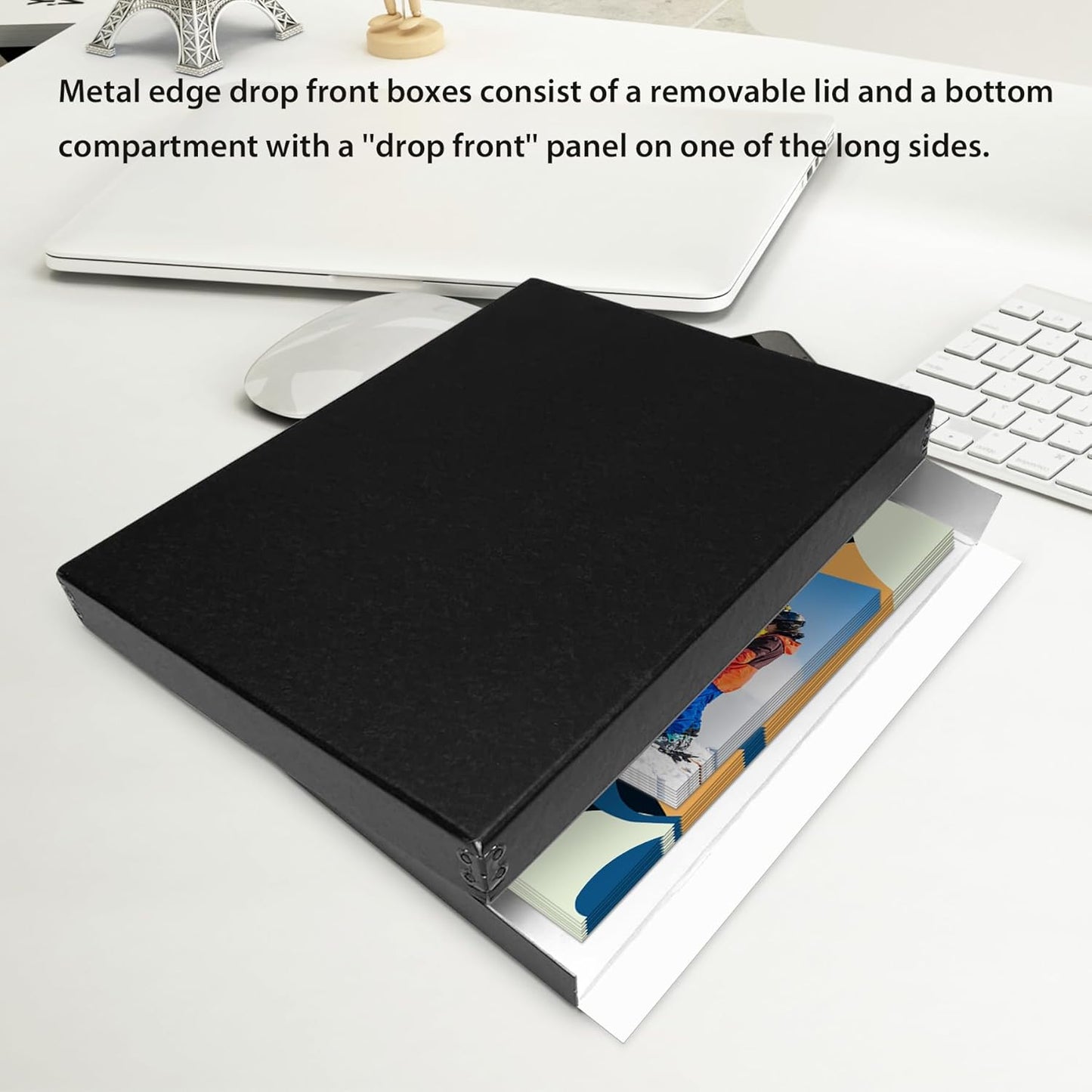 Lineco Museum Archival Storage Box, 11.75x17.75x1.5 in. Drop Front Design. Acid-Free with Metal Edge. Organize Photos, Pictures, Prints, Documents, Crafts, DIY. Black, 1 Pack