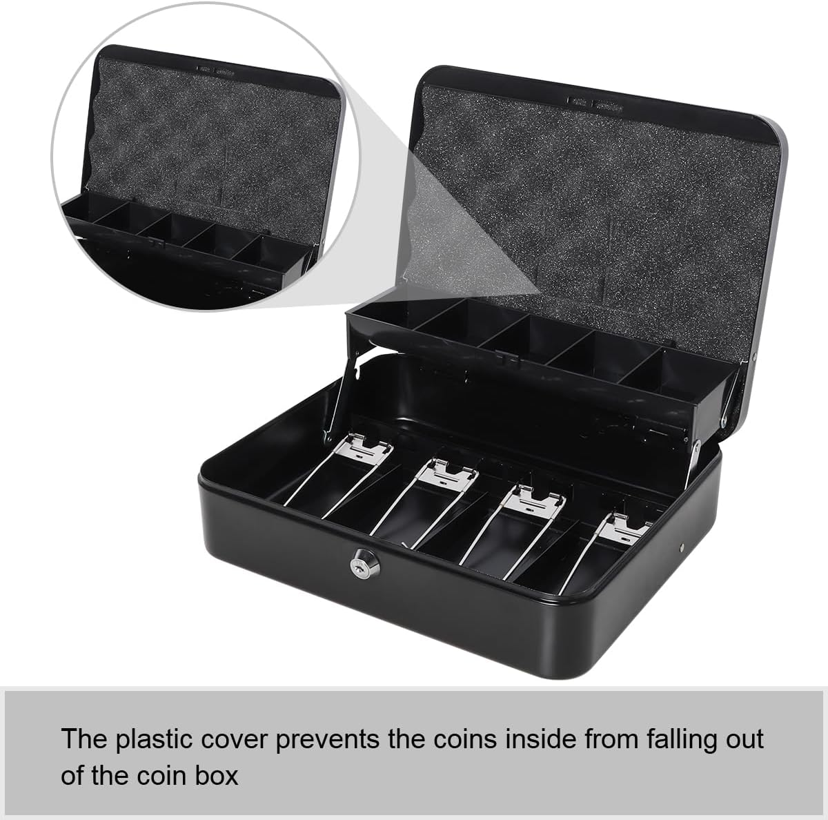Jssmst Large Locking Cash Box with Money Tray, Lock Box with Security Cable Metal Money Box with Key Lock, Black, CB02304XL
