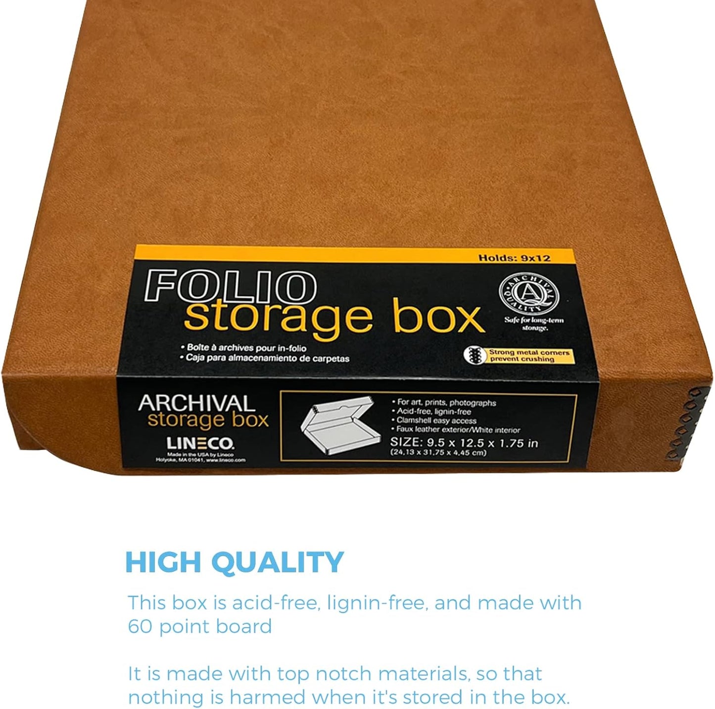 Lineco Folio Storage Box, Faux Leather Cover, Clamshell Design, 9.5x12.5x1.75 Inches, Archival Boxboard, Preserve Photos, Cards, Magazines, Documents, Art, Ephemera, Family Records, Tan, Pack of 1