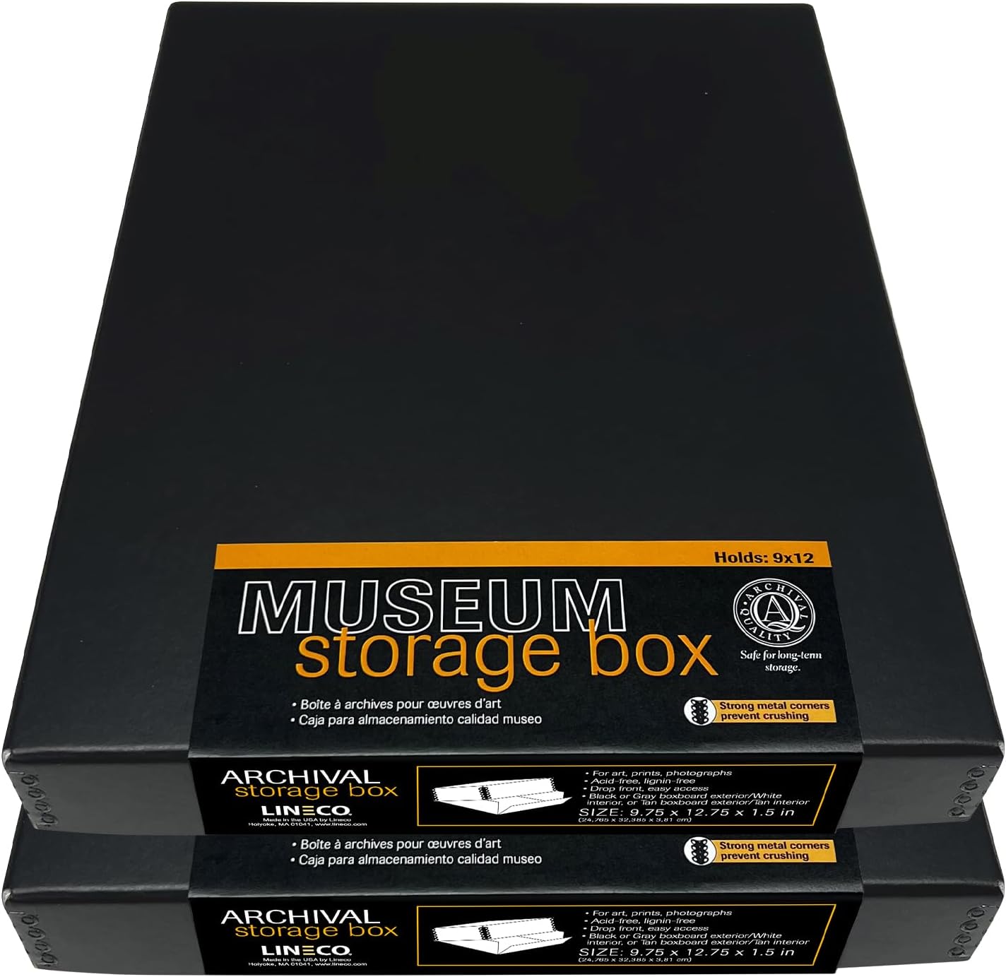 Lineco Museum Archival Storage Box, 9.75x12.75x1.5 in. Drop Front Design. Acid-Free with Metal Edge. Organize Photos, Pictures, Prints, Documents, Crafts, DIY. Black, 2 Pack