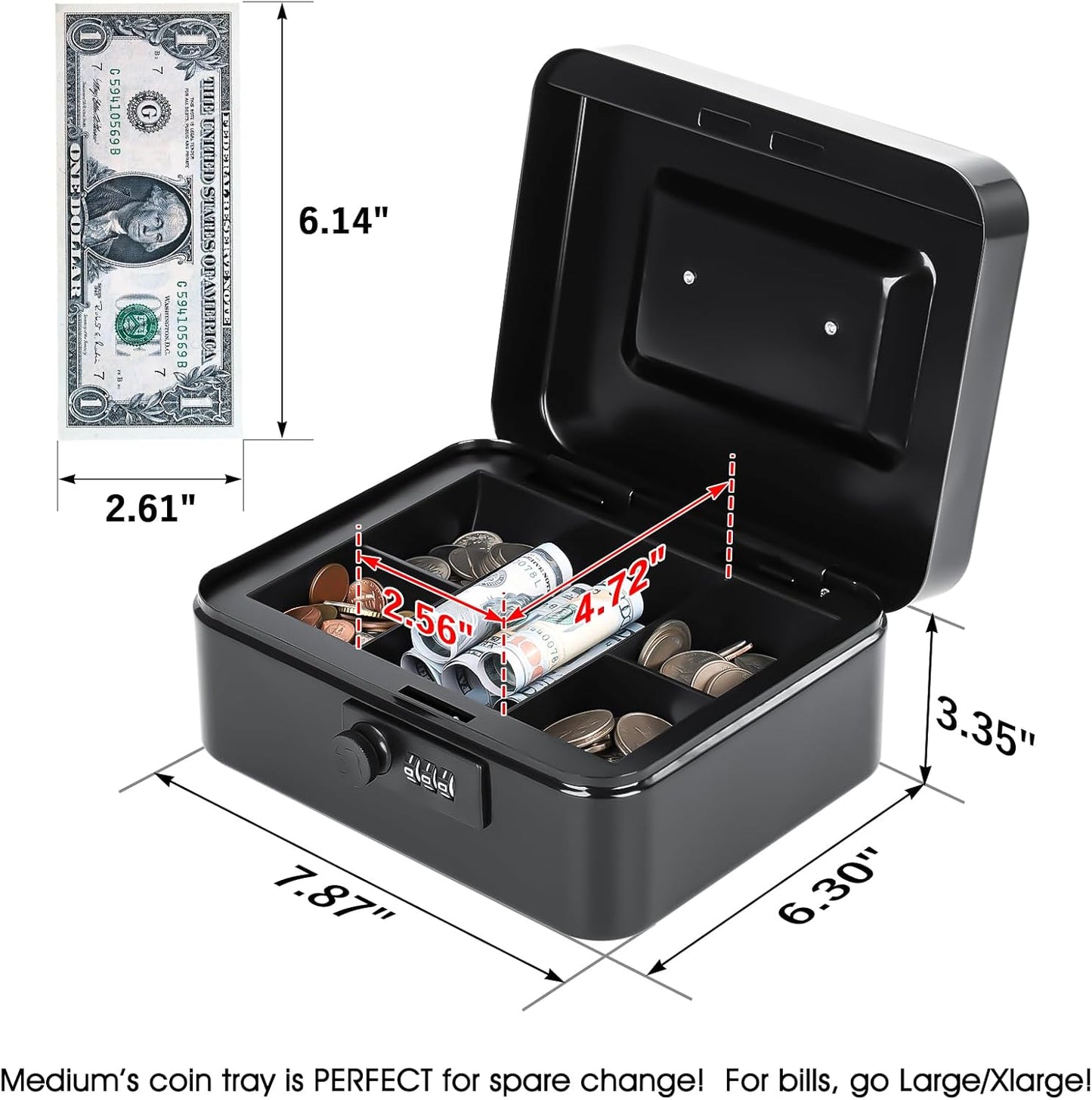 KYODOLED Cash Box with Combination Lock Safe Metal Money Box with Money Tray for Security Lock Box 7.87"x 6.30"x 3.35" Black