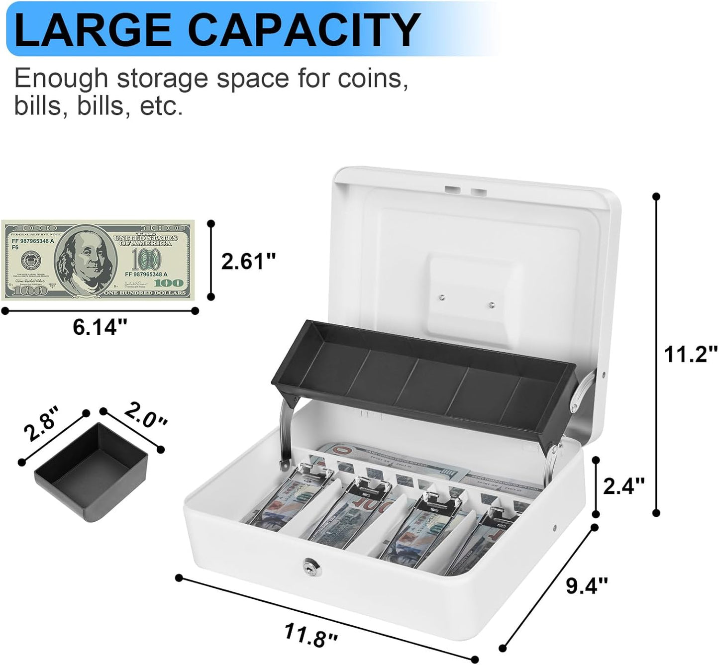 Cash Box Key Lock on Side, Cash Box with Money Tray & Key Lock 4 Bill 5 Coin Slots,Large Safe Lock Box with Key,Metal Money Saving Organizer for Security 11.8L x 9.5W x 3.5H Inches, White