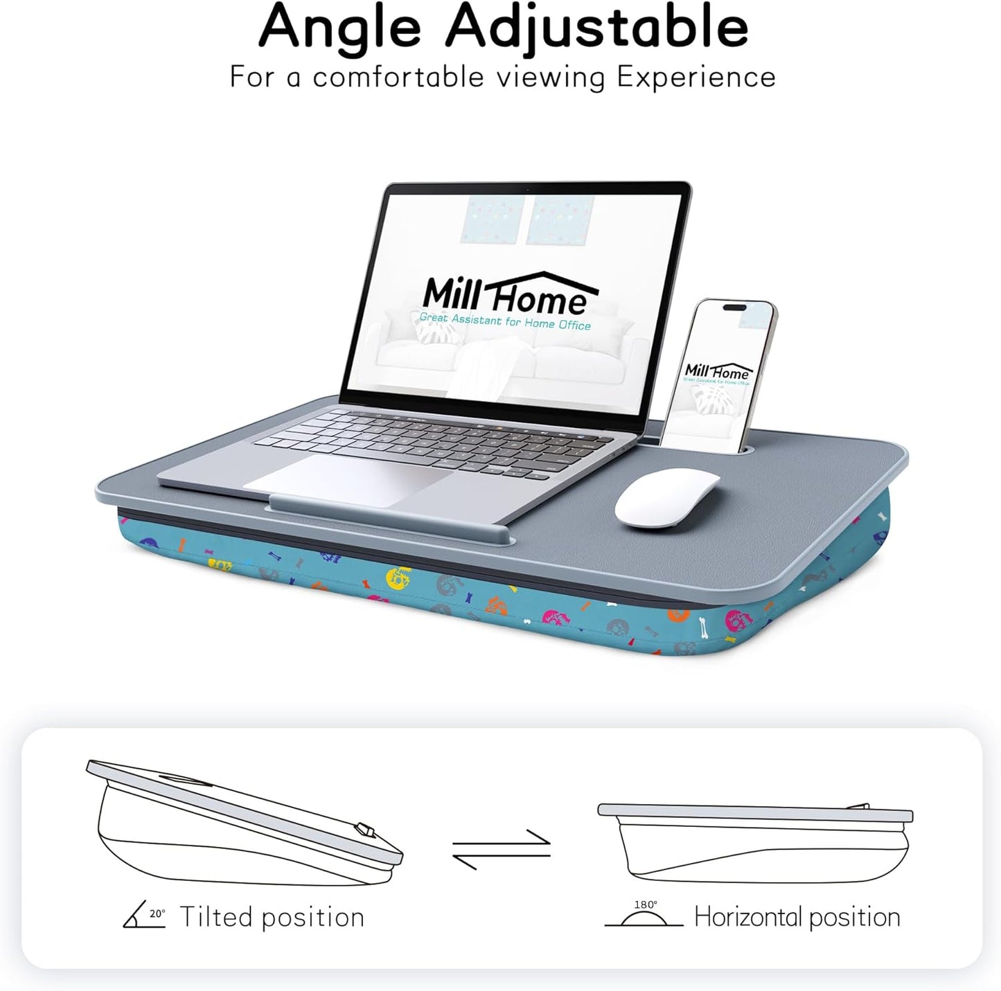 Millhome Lap Desk | Portable Laptop Desk – Fits Up to 17.3" Laptops – Detachable & Washable Cushion, Phone Holder, Device Ledge – for Writing, Working, Reading on Bed, Couch, Floor – Maui Blue Skull