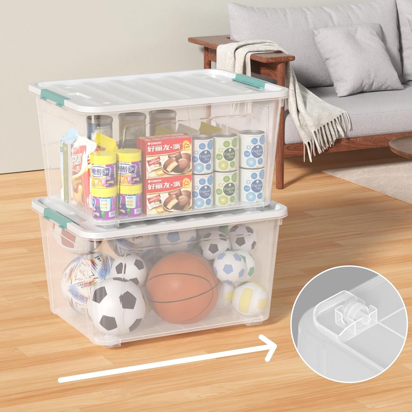 85 Quart (21 Gallon) Clear Large Plastic Storage Latch Box with Lid, Plastic Storage Bins with Wheels, 4-Pack