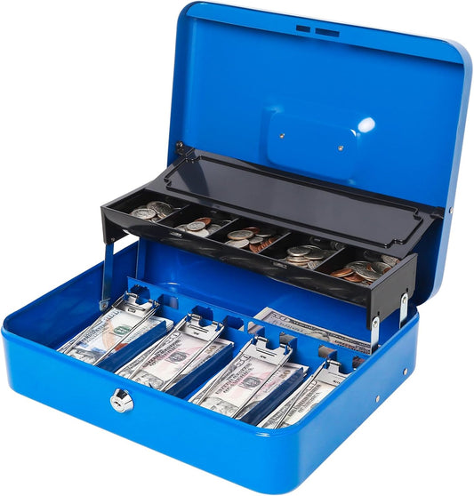 Jssmst Locking Metal Cash Box with Coin Lid, 11.8L x 9.5W x 3.5H Inches, Safe Money Box with Key Lock, Blue, SM-CB0513BL