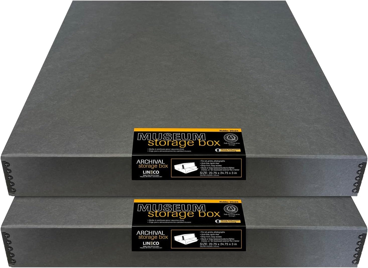 Lineco Museum Archival Storage Box, 20.75x24.75x3 in. Drop Front Design. Acid-Free with Metal Edge. Organize Photos, Pictures, Prints, Documents, Crafts, DIY. Gray, 2 Pack