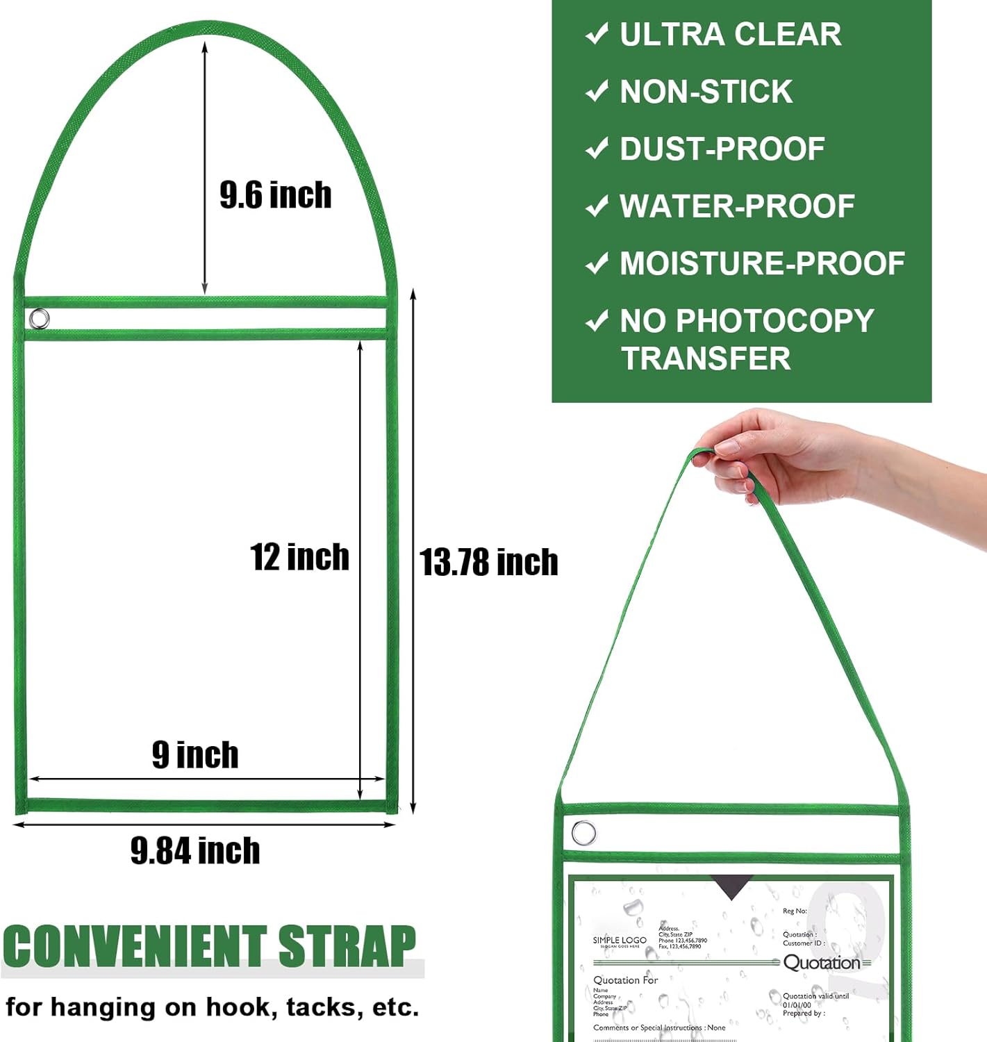 Epakh 30 Pack Office Products Shop Ticket Holders with Hanging Strap 9 x 12 Inches, Dry Erase Pockets, Job Ticket Holders, Both Sides Clear, Welcome to Work Order(Green)