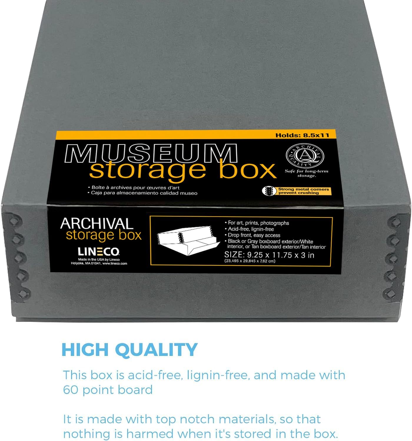 Lineco Archival Museum Storage Box with Removable Lid and Drop Front Design, 8.5 x 11 x 3 Inch. Preserve Longevity, Store Photos, Documents, Cards, Magazines, Prints, DIY. Gray