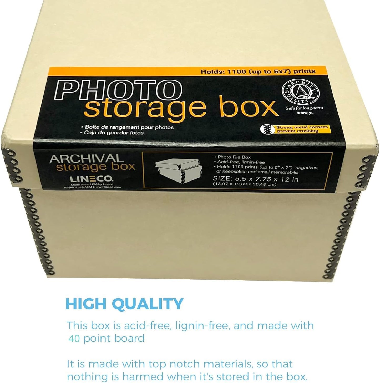 Lineco Archival Photo Storage Box, Holds up to 1100 of 5x7 Pictures, 4x6 Photograph Container with Removable Lid. Preserve Snapshot, Negatives, Prints, Films, Card, 5"x7"x12", Tan