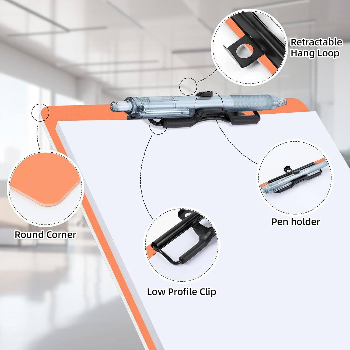 Orange Clipboard with Pen Holder, Set of 6 Plastic Clipboard with Low Profile Metal Clip, Hanging Clipboards Holds 8.5x11 Inch Papers, Standard A4 Letter Size Clip Boards for Office & School