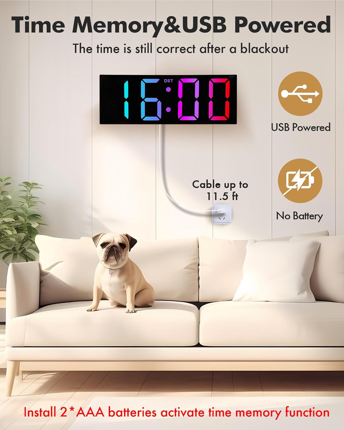 Alampan 12" Large Digital Wall Clock with Remote Control, RGB LED Clock with Full Screen Display, Big Numbers, for Classroom, Living Room, Elderly, Wall Mounted, DST, KSJ-01, Black