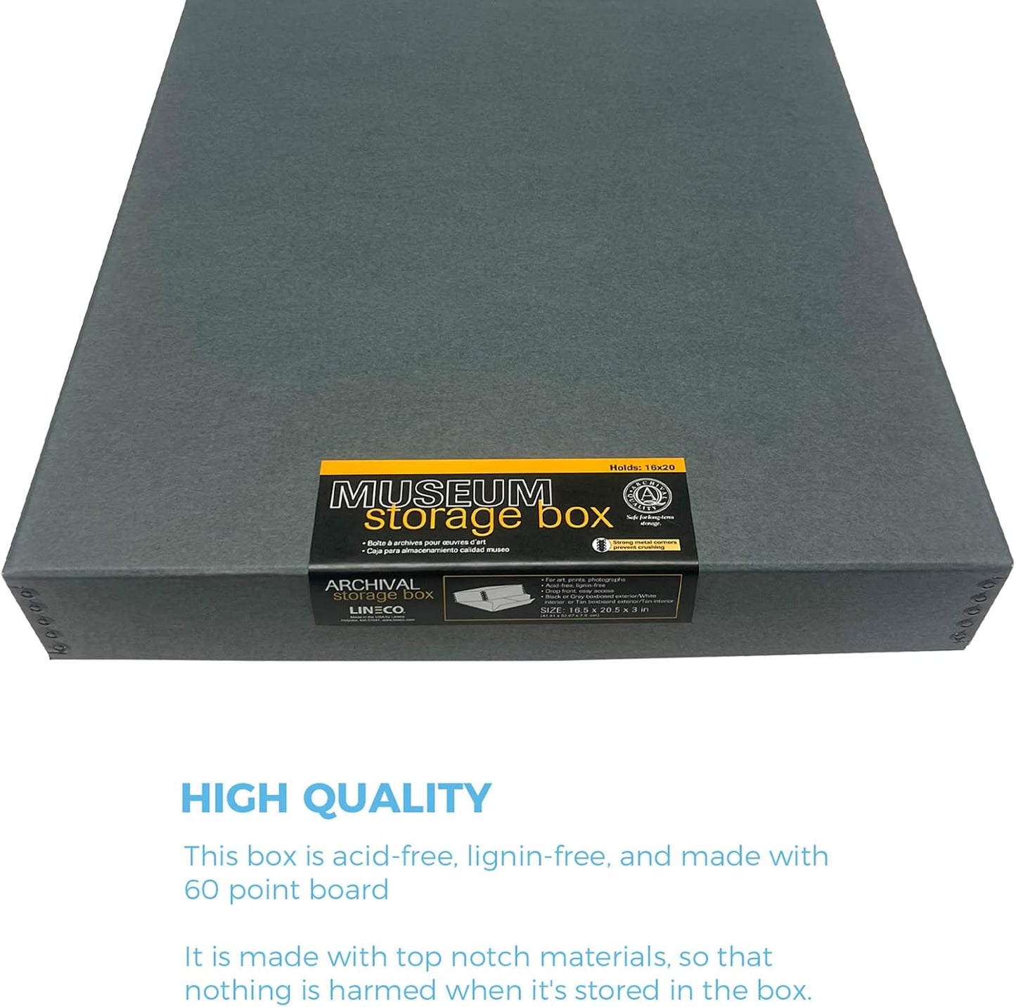 Lineco Museum Archival Storage Box, 16.75x20.75x3 in. Drop Front Design. Acid-Free with Metal Edge. Organize Photos, Pictures, Prints, Documents, Crafts, DIY. Gray, 2 Pack