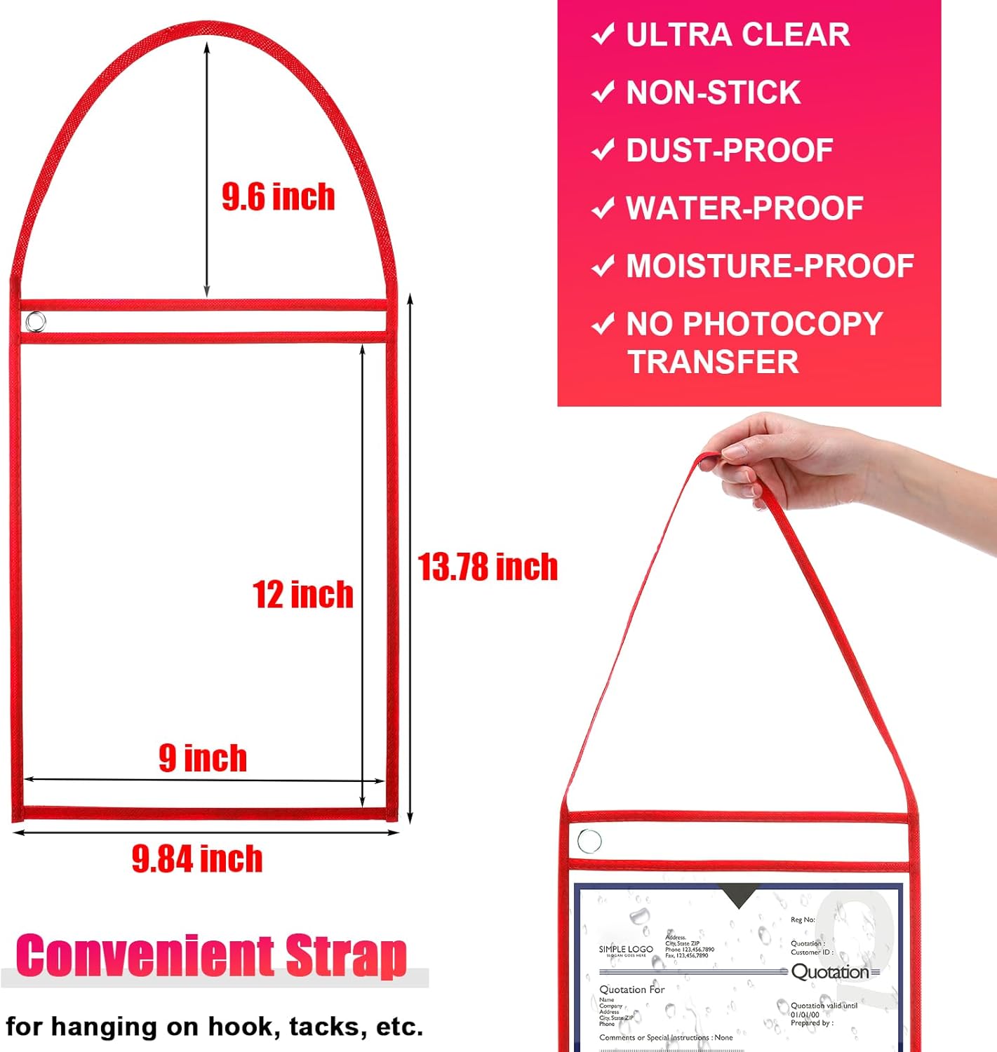 Epakh 30 Pack Office Products Shop Ticket Holders with Hanging Strap 9 x 12 Inches, Dry Erase Pockets, Job Ticket Holders, Both Sides Clear, Welcome to Work Order(Red)