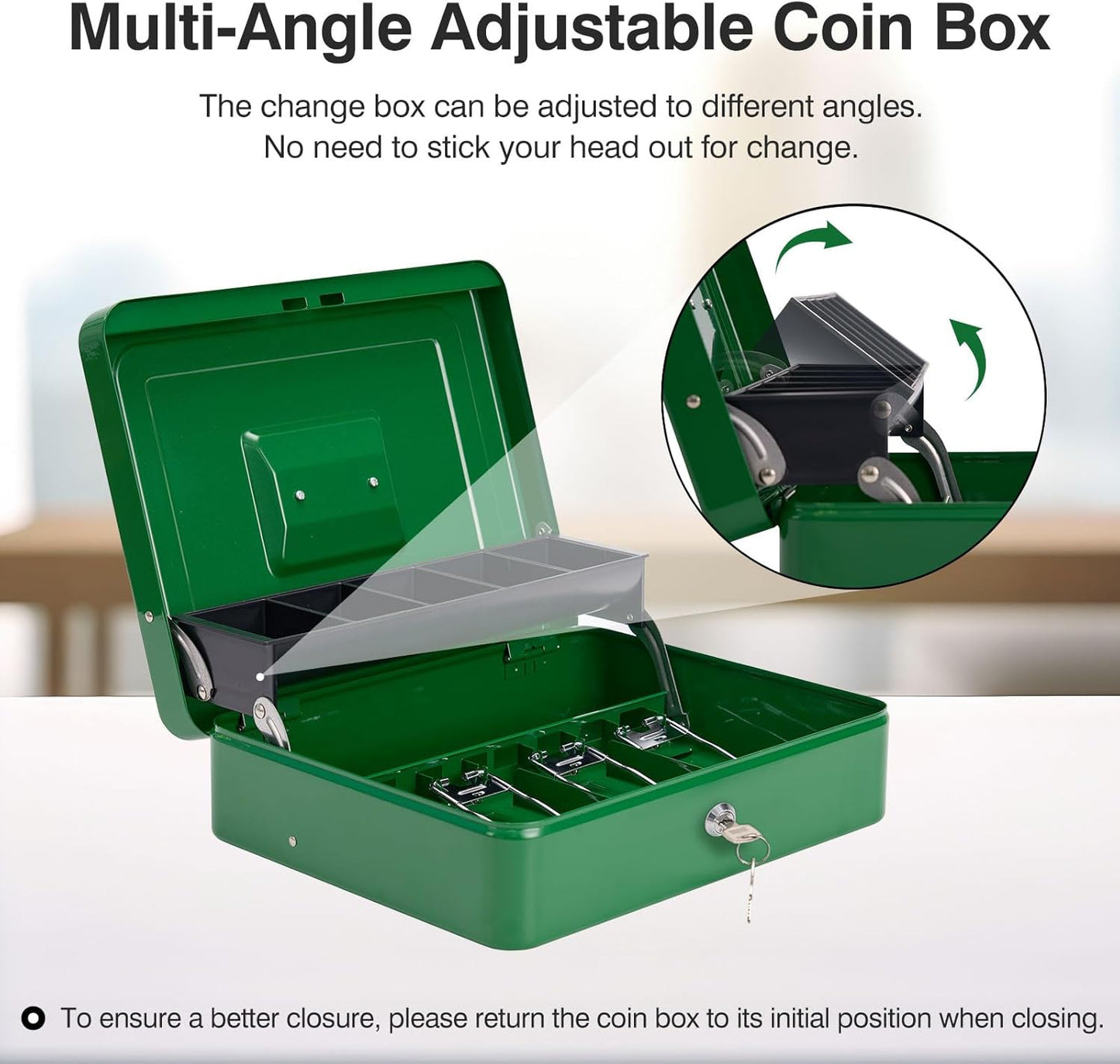 Cash Box Metal Money Box with Tray & Key Lock,Tiered Locking Cash Boxes,Durable Lock Safe Box with Key,4 Bill / 5 Coin Slots,Large 11.8L x 9.5W x 3.5H Inches (Key, Dark Green)