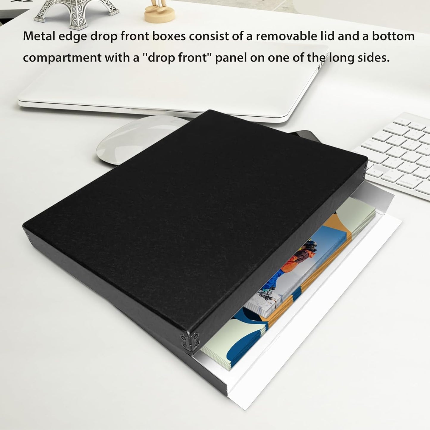 Lineco Museum Archival Storage Box, 8.75x10.75x1.5 in. Drop Front Design. Acid-Free with Metal Edge. Organize Photos, Pictures, Prints, Documents, Crafts, DIY. Black, 2 Pack