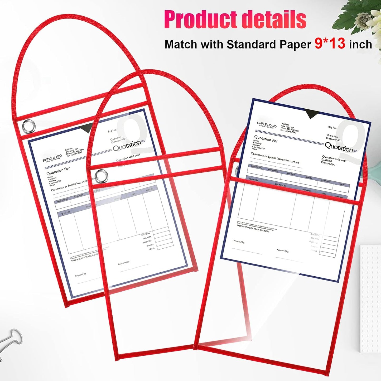 Epakh 30 Pack Office Products Shop Ticket Holders with Hanging Strap 9 x 12 Inches, Dry Erase Pockets, Job Ticket Holders, Both Sides Clear, Welcome to Work Order(Red)