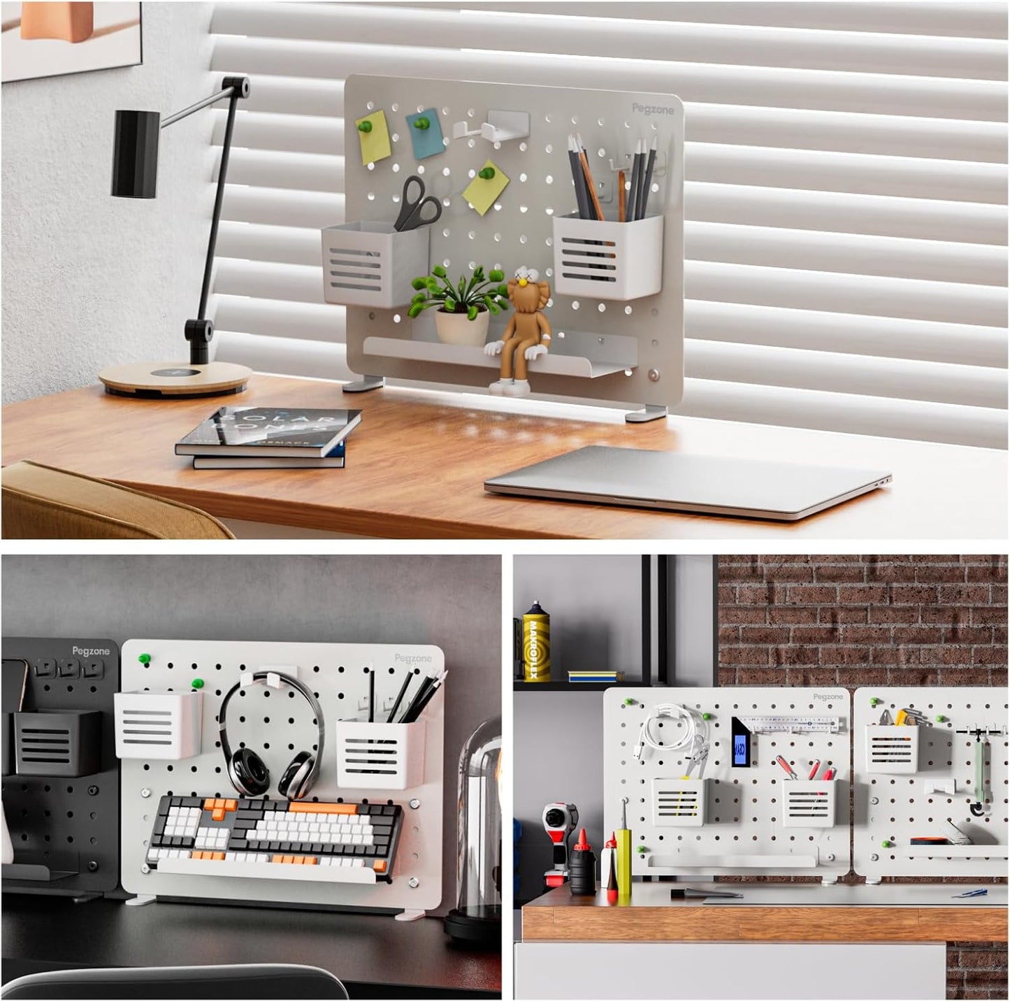 Clamp-on Desk Pegboard, Desk Organizer for Office Gaming Home, Magnetic Metal Peg Board with 10 Accessories, Privacy Panel for Office, 16.5" x 12.6", Medium, White