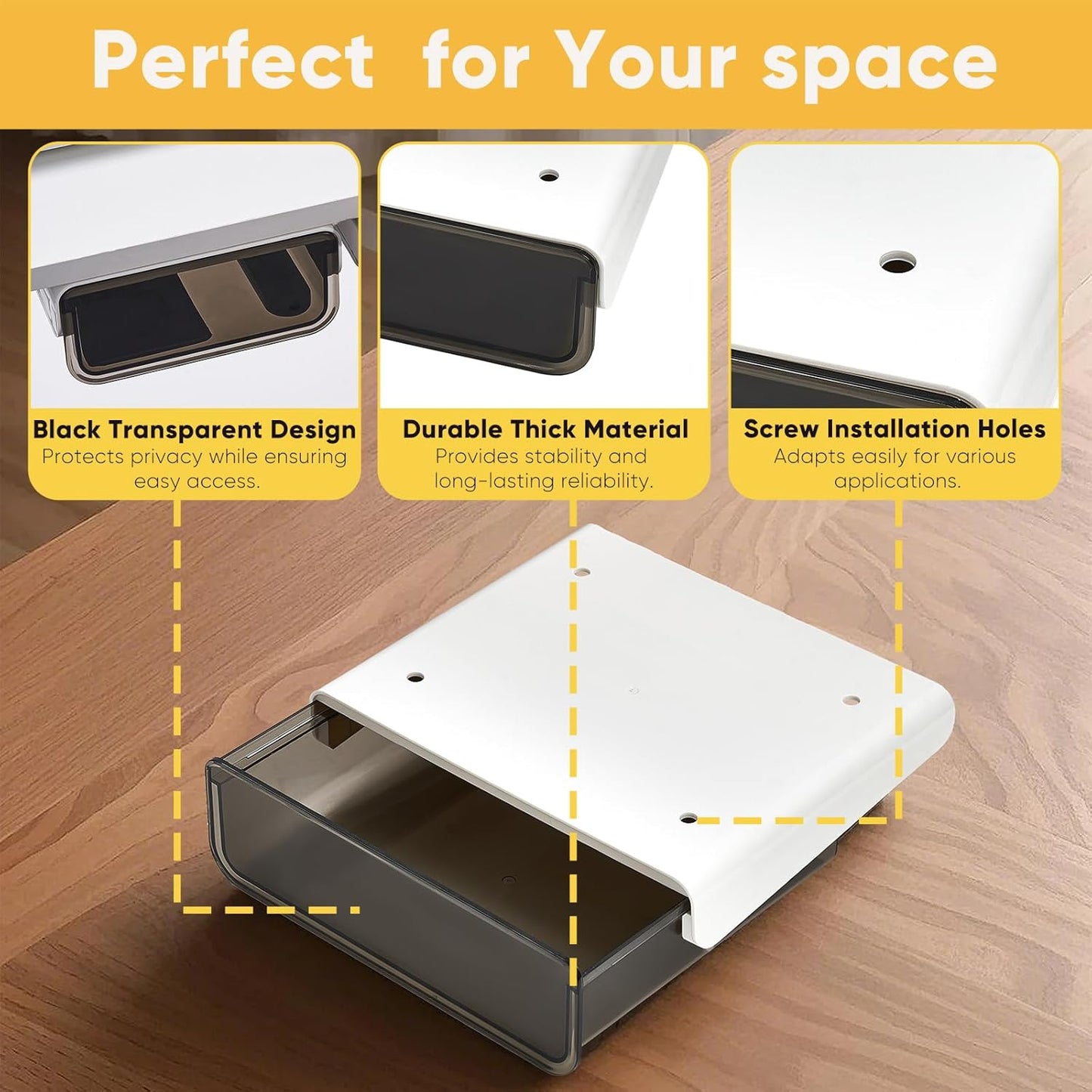 2 Pack Under Desk Drawer Slide Pull Out Plastic Organizer, Attachable Clear Black Acrylic Self Adhesive Mount Hidden Storage for Office & Home, Kitchen, Cabinet, Table, Counter, Space Saving