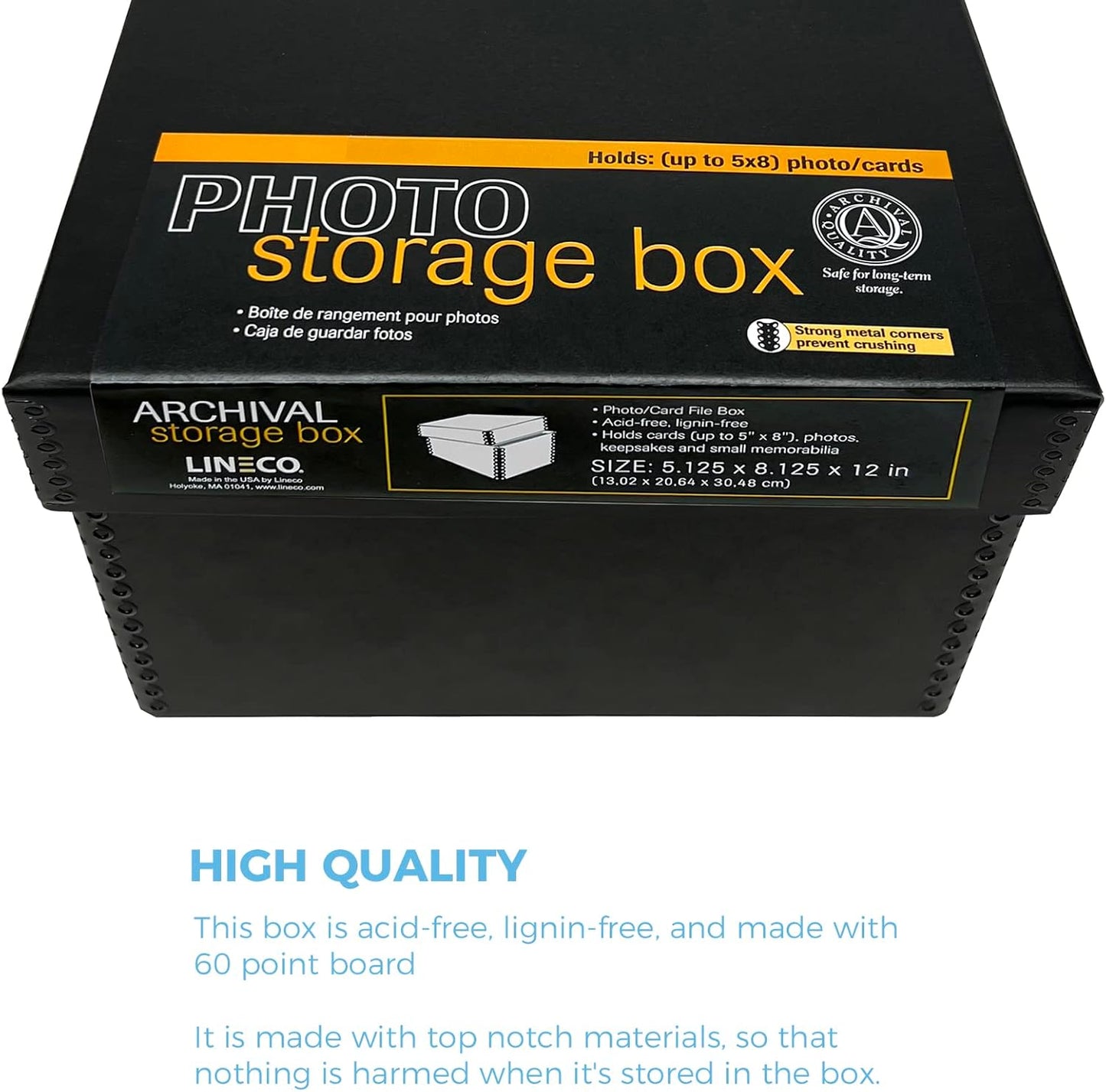 Lineco Photo Card Box, Museum-Quality Archival Storage, Acid-Free with Removable Lid, Bulk Storage for Negatives, Prints, Films, Photos, Snapshot, 5x8x12 Inches, Black