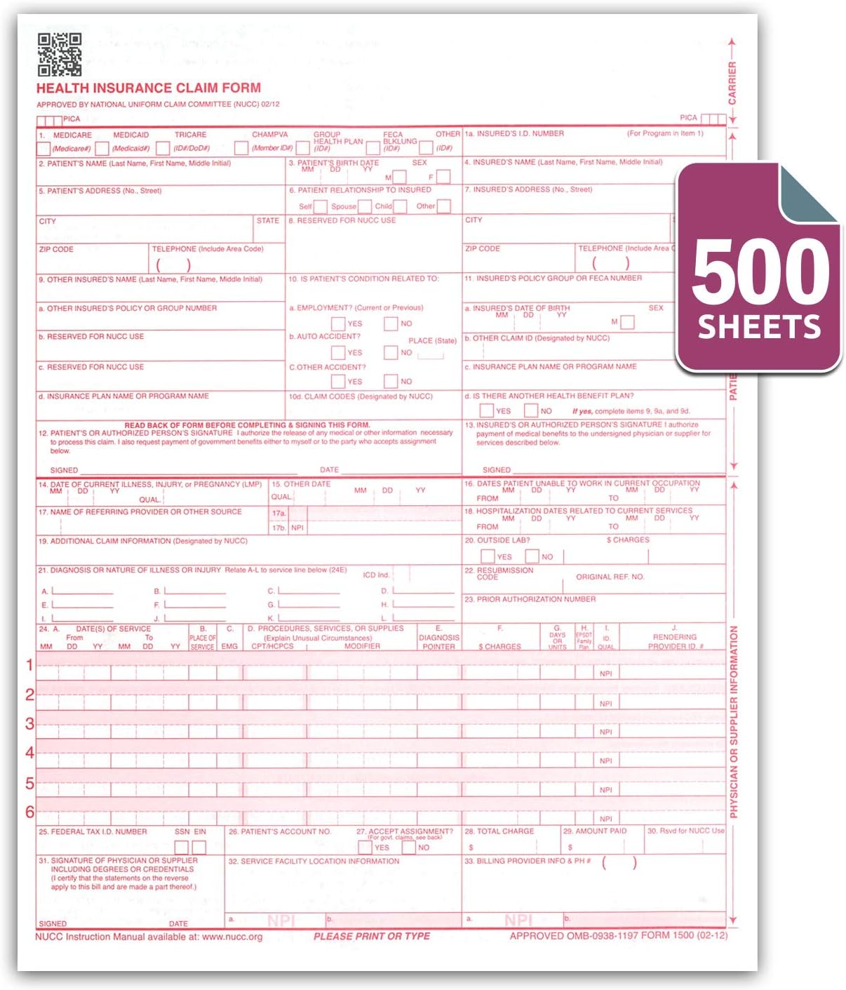 NextDayLabels - CMS 1500 / HCFA 1500 Insurance Claim Forms - Laser/Ink-Jet Compatible (New Version 02/12) Letter Size 8-12" x 11", 500 Sheets Per Pack