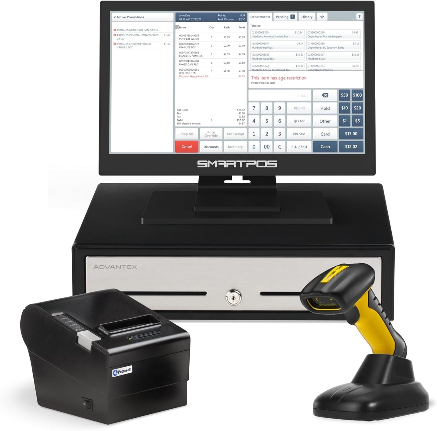 All-in-One SmartPOS NX Professional Cash Register for Small Business – WiFi POS System with Touch Screen, Customer-Facing VFD Display, Cash Drawer, Wireless Barcode Scanner, Thermal Receipt Printer