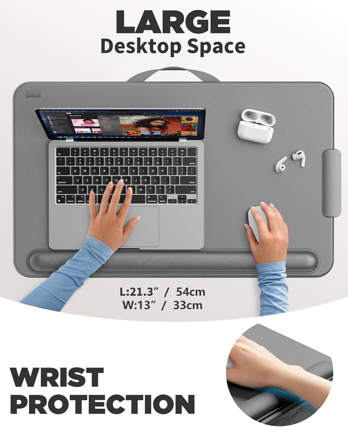 SAIJI Lap Desk with Cushion, Computer Laptop Stand, Lap Laptop Table, Built-in Drawer Storage, Phone Holder, Wrist Pad