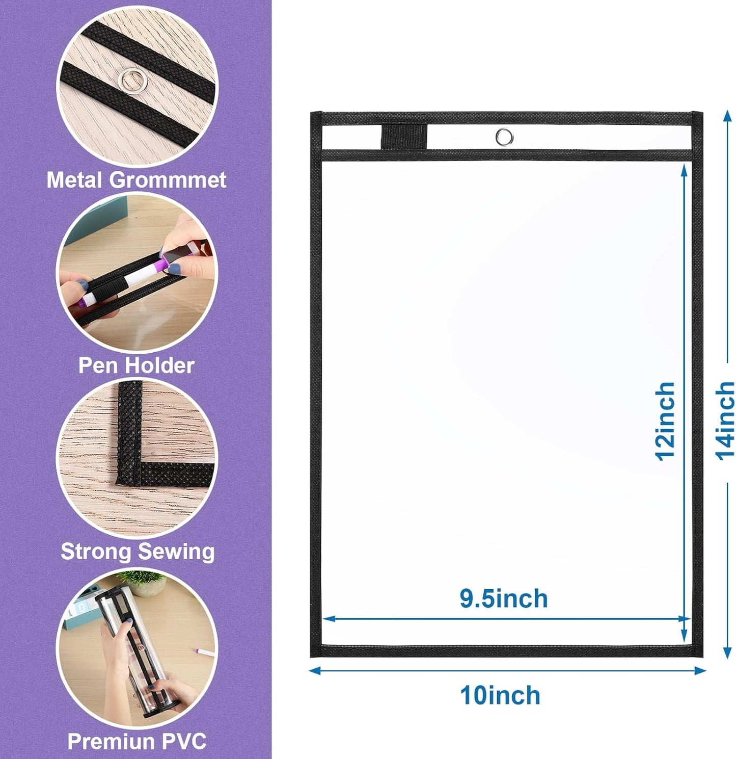 Nezyo Dry Erase Pockets Plastic Job Ticket Holders Shop Holder Order Pockets Clear Sleeves Tickets Folders Plastic Sleeves Paper Teacher Supplies for Classroom(14 x 10 in,Black,12 Pcs)