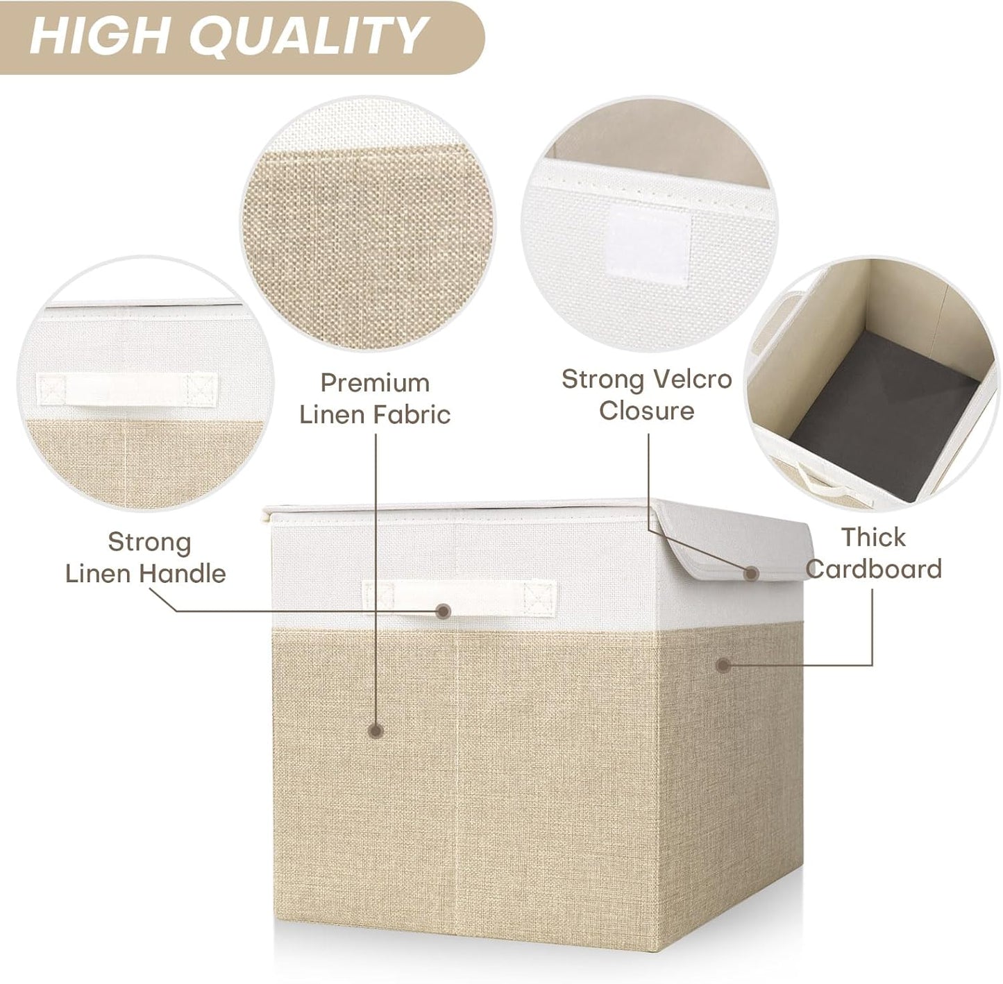 Large 22 Quart Linen Fabric Foldable Storage Bin Cube Organizer Basket with Flip-Top Lid & Handles, Clothes Blanket Box for Home, Office, Closet, Beige & White, 4 Pack 14.6 x 9.5 x 9.5”
