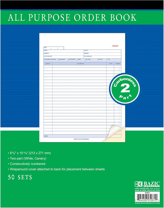 BAZIC All Purpose Order Book, 50 Sets 8 3/8" x 10 11/16" 2-Part Carbonless, White & Bound Wraparound Cover (50 Sets/Pk), 1-Pack