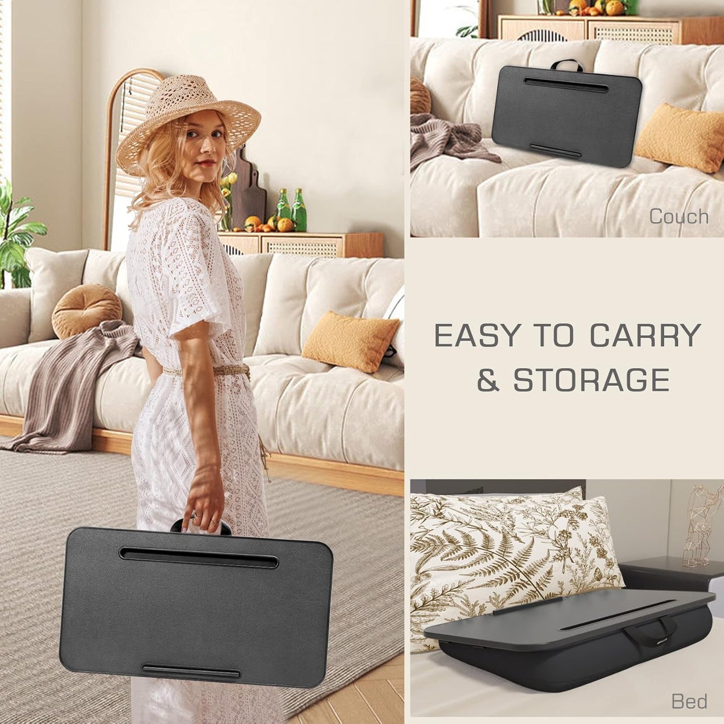 Lap Desk, Lap Desk with Cushion, Fits up to 17 inch Laptop, Pillow Designed, Portable Laptop Stand with Tray, Pad & Phone Holder, Home Office for Bed/Couch/Car/Reading/Writing,MillHome (Black)