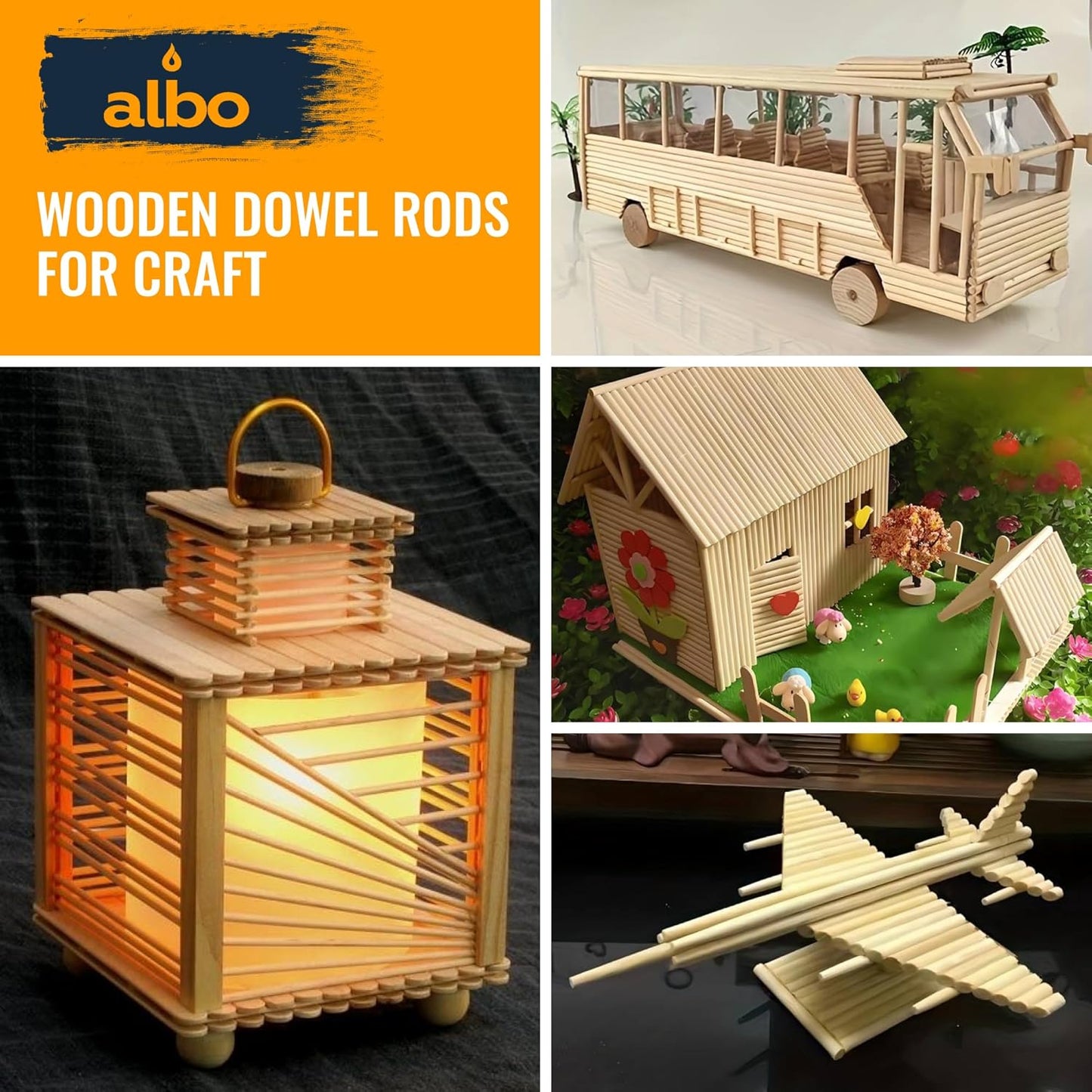 ALBO Wooden Dowel Rods 100 PCS 1/4" x 12" Inch Round Wood Sticks for Crafts, DIY Projects and Macrame Hardwood Assorted Bouquet Sticks Cake Dowels for Tiered Cakes