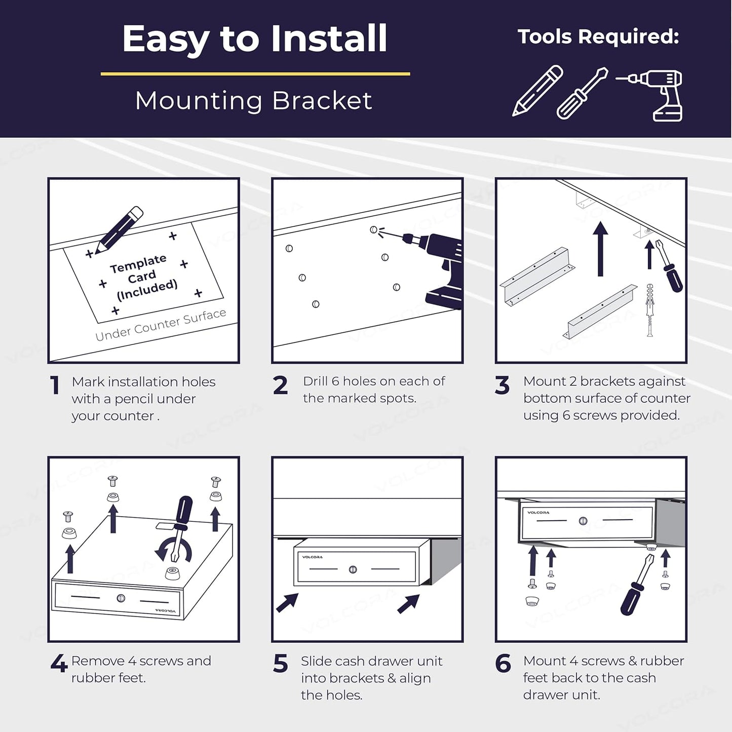 Volcora Cash Register Drawer with Under Counter Mounting Bracket - 16" Black Drawer for POS, 5 Bill 8 Coin Compartment, Fully Removable 2 Tier Cash Tray, 24V RJ11/RJ12 Key-Lock, Double Media Slot