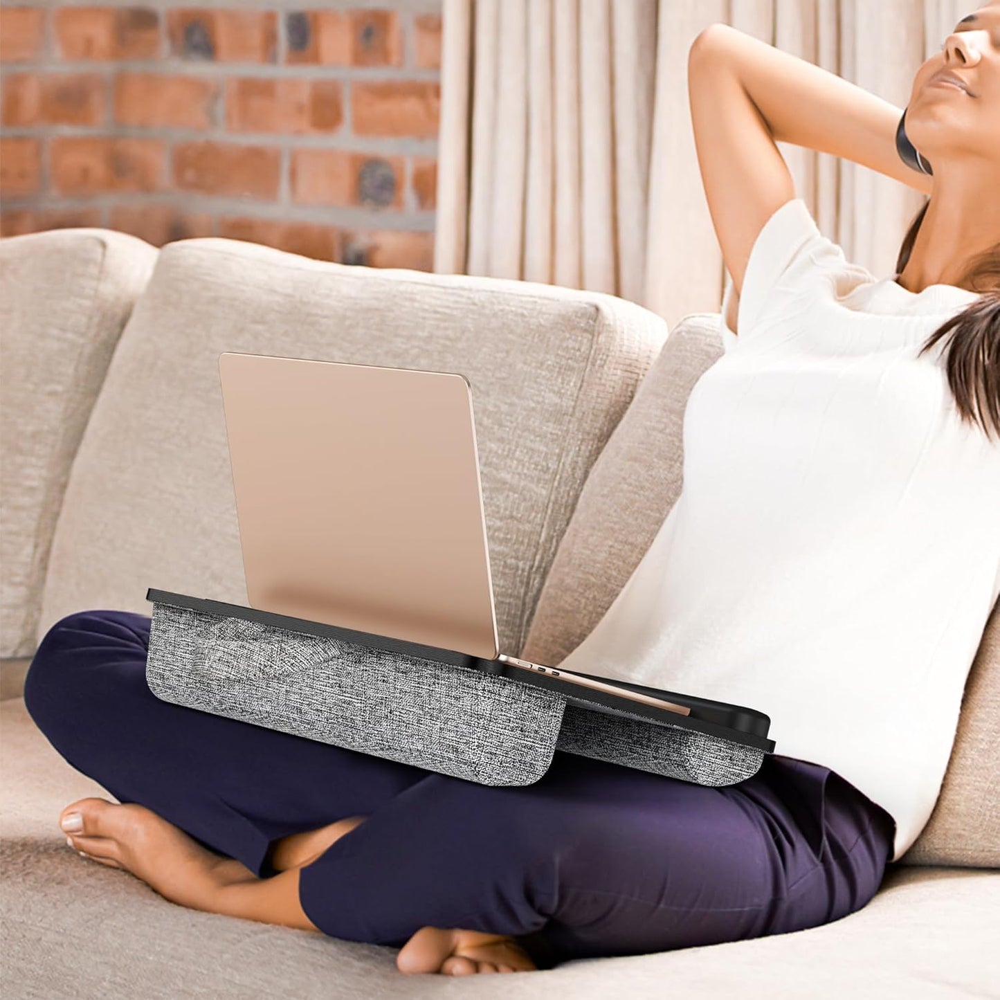 Besign LT08 Laptop Stand, Portable Lap Desk with Pillow Cushion, Fits up to 14 inch Laptop, with Anti-Slip Strip for Desk, Sofa & Bed, Black and Gray