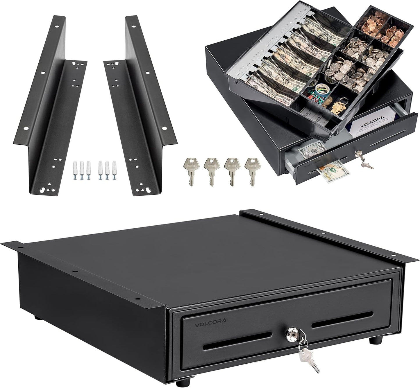 Volcora Cash Register Drawer with Under Counter Mounting Bracket - 16" Black Drawer for POS, 5 Bill 8 Coin Compartment, Fully Removable 2 Tier Cash Tray, 24V RJ11/RJ12 Key-Lock, Double Media Slot