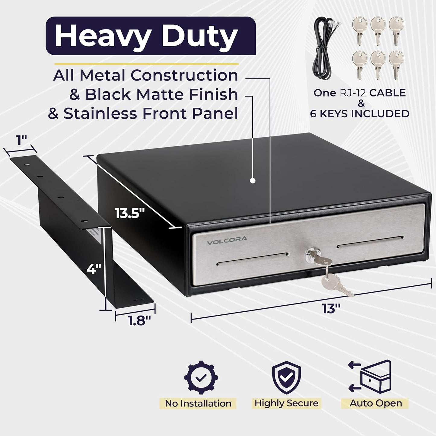 Cash Register Drawer with Under Counter Mounting Bracket - 13" Black Cash Drawer for POS, Stainless Steel Front, 4 Bill 5 Coin, Fully Removable 2 Tier Cash Tray, 24V RJ11/RJ12 Key-Lock, 2 Media Slots