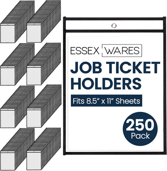 Essex Wares - 250 Pack, Black, Job Ticket Holders, 10" Wide x 13.5" Tall - Clear Plastic Shop Ticket Holders - Easy to Use, Reusable & Easy Erase Plastic Invoice Holders, Water-Resistant & Durable