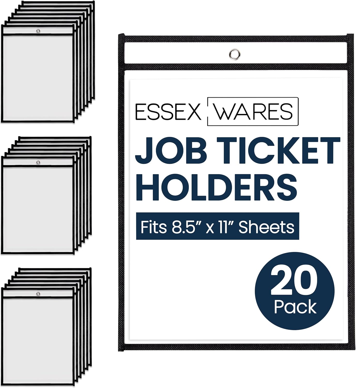 Essex Wares - 20 Pack, Black, Job Ticket Holders, 10" Wide x 13.5" Tall - Clear Plastic Shop Ticket Holders - Easy to Use, Reusable & Easy Erase Plastic Invoice Holders, Water-Resistant & Durable