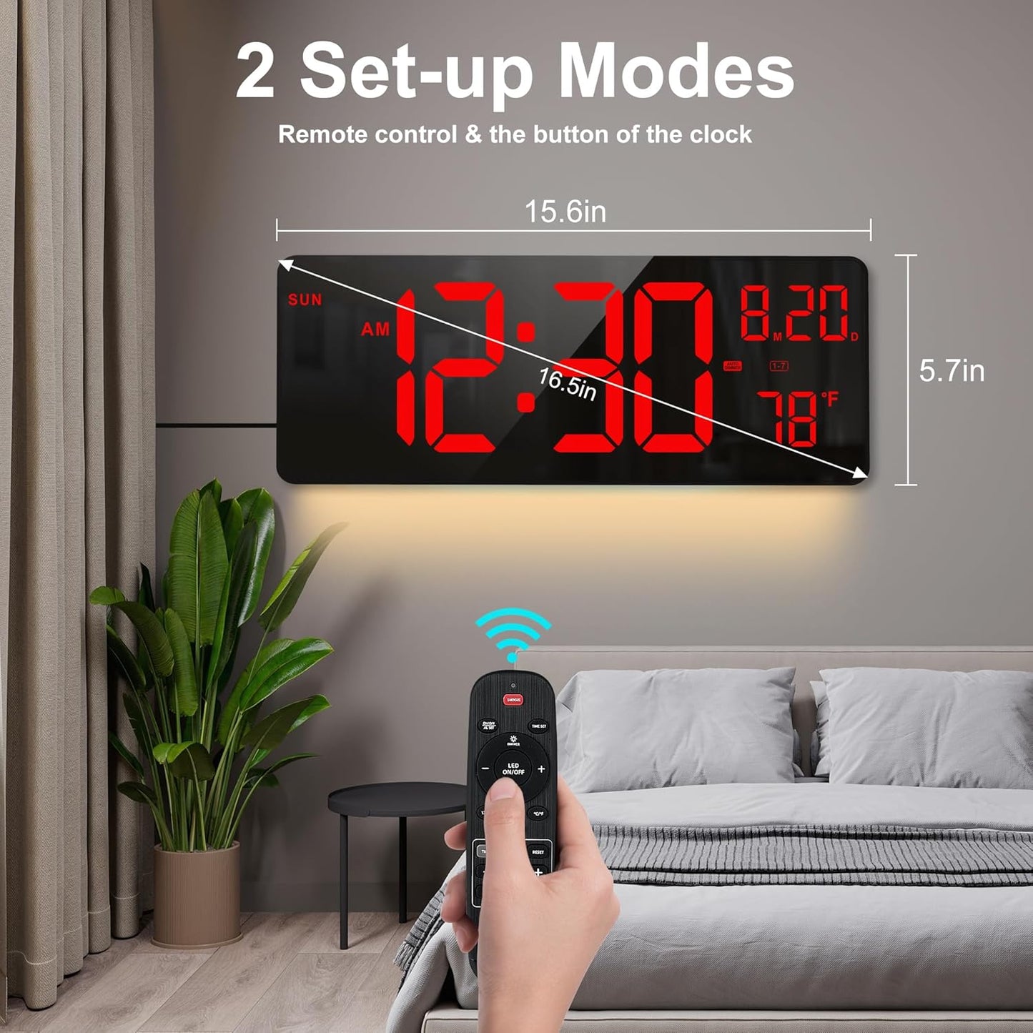 XREXS 16.5" Digital Clock Large Display with Remote Control 7 Color Changes Night Lights LED Wall Clock, Adjustable Dimmer, Temperature Clock for Bedroom, Desk Alarm Clock Gift for Teens Elderly