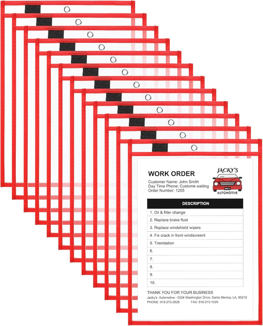 Nezyo Dry Erase Pockets Plastic Job Ticket Holders Shop Holder Order Pockets Clear Sleeves Tickets Folders Plastic Sleeves Paper Teacher Supplies for Classroom(14 x 10 in,Red,12 Pcs)