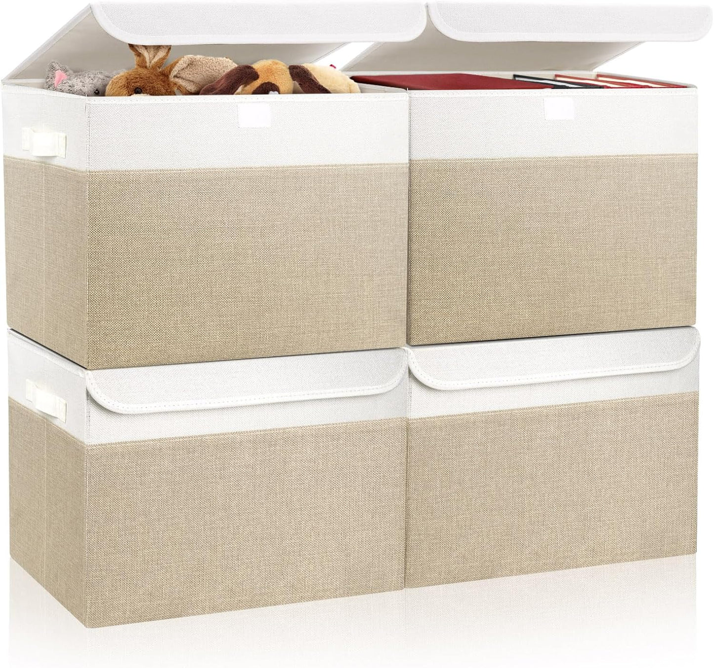 Large 22 Quart Linen Fabric Foldable Storage Bin Cube Organizer Basket with Flip-Top Lid & Handles, Clothes Blanket Box for Home, Office, Closet, Beige & White, 4 Pack 14.6 x 9.5 x 9.5”