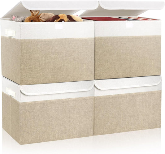 Large 22 Quart Linen Fabric Foldable Storage Bin Cube Organizer Basket with Flip-Top Lid & Handles, Clothes Blanket Box for Home, Office, Closet, Beige & White, 4 Pack 14.6 x 9.5 x 9.5”