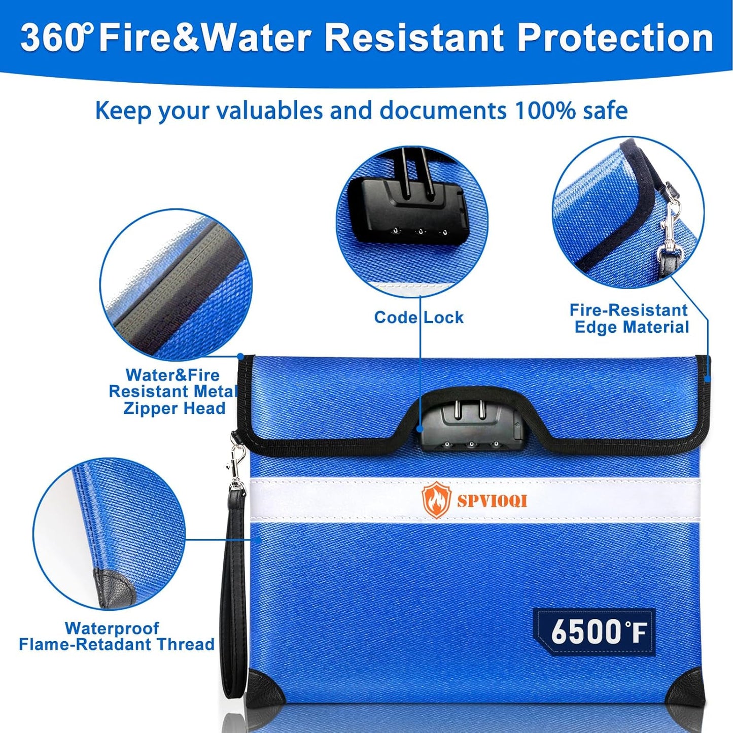 SPVIOQI 6500F Fireproof Document Bag with Lock, Upgraded 10Layer Heat Insulated, Water Resistant, Blue, Large, Rectangular, Fireproof Money Bag for Documents, Cash, Valuables