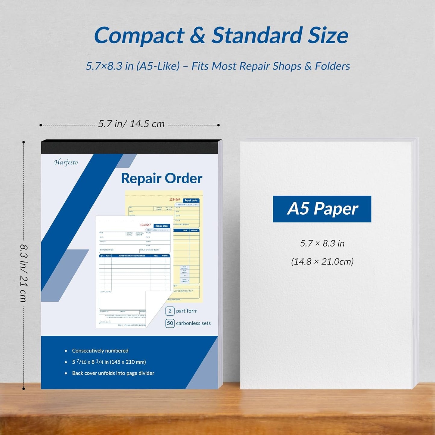 Repair Order Book, 2 Part Carbonless Job Work Order Forms - White/Yellow, 5-7/10 x 8-1/4 Inches, Invoice Receipt Book for Small Business, Consecutively Numbered, 200 Sets (4 Packs)