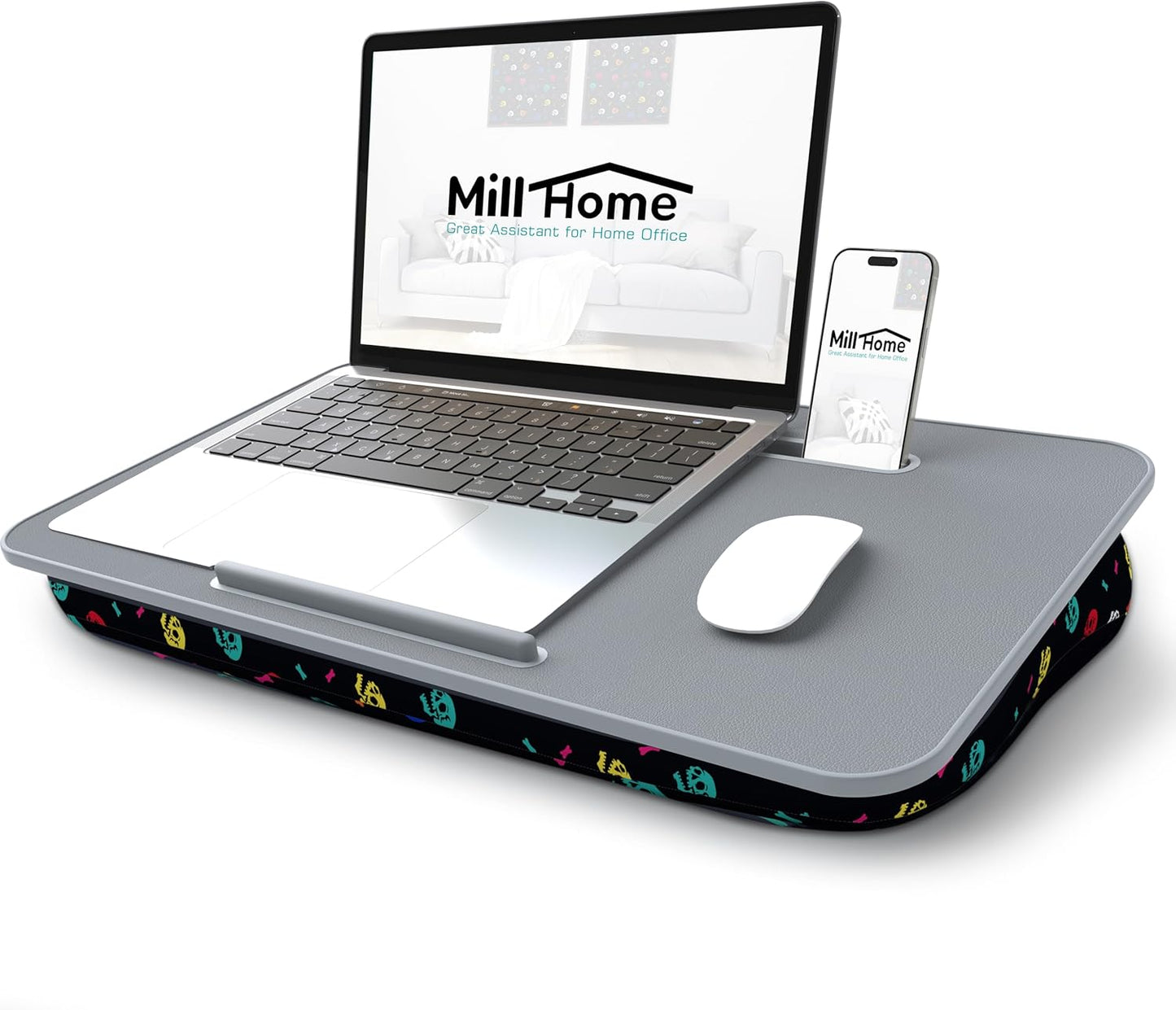 Millhome Lap Desk | Portable Laptop Desk – Fits Up to 17.3" Laptops – Detachable & Washable Cushion, Phone Holder, Device Ledge – for Writing, Working, Reading on Bed, Couch, Sofa, Floor – Black Skull