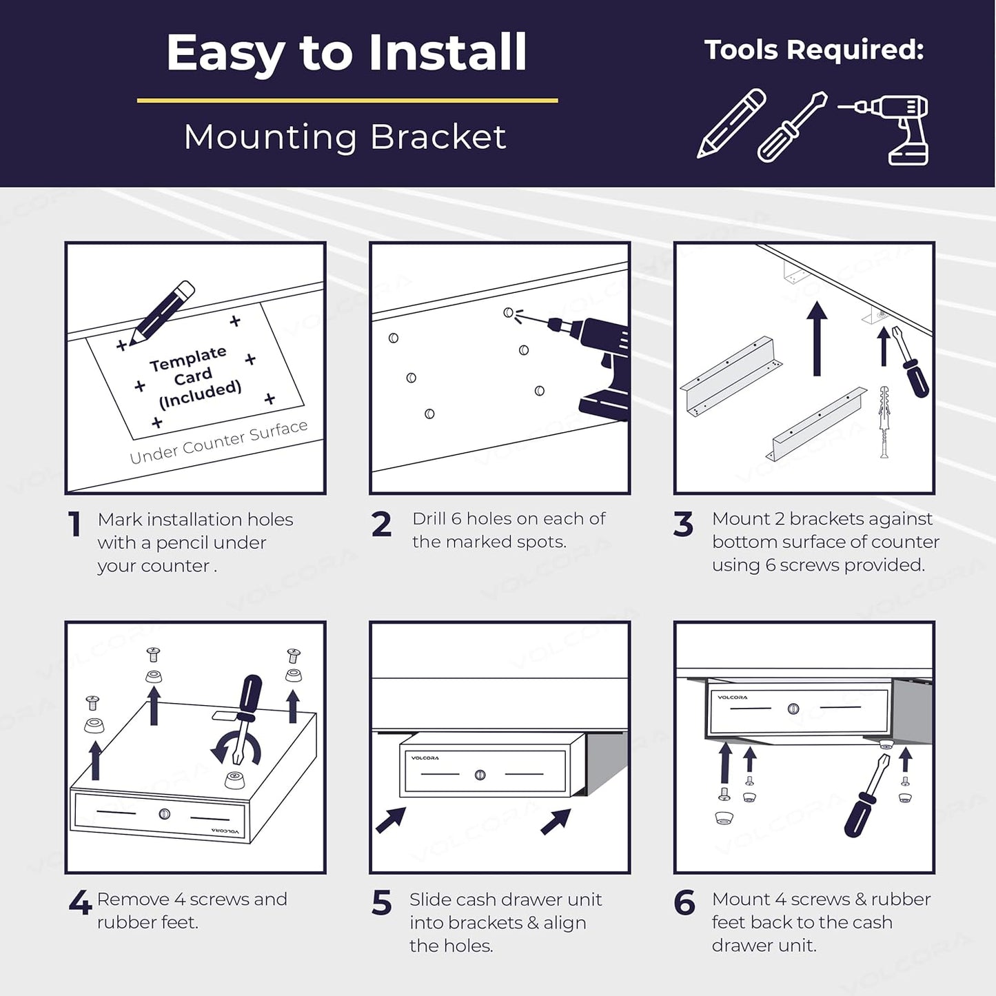 Volcora Cash Register Drawer with Under Counter Mounting Metal Bracket, 13" Black Cash Drawer for POS, 4 Bill 5 Coin Cash Tray, Fully Removable 2Tier Compartment 24V RJ11/RJ12 Key-Lock, 2 Media Slots