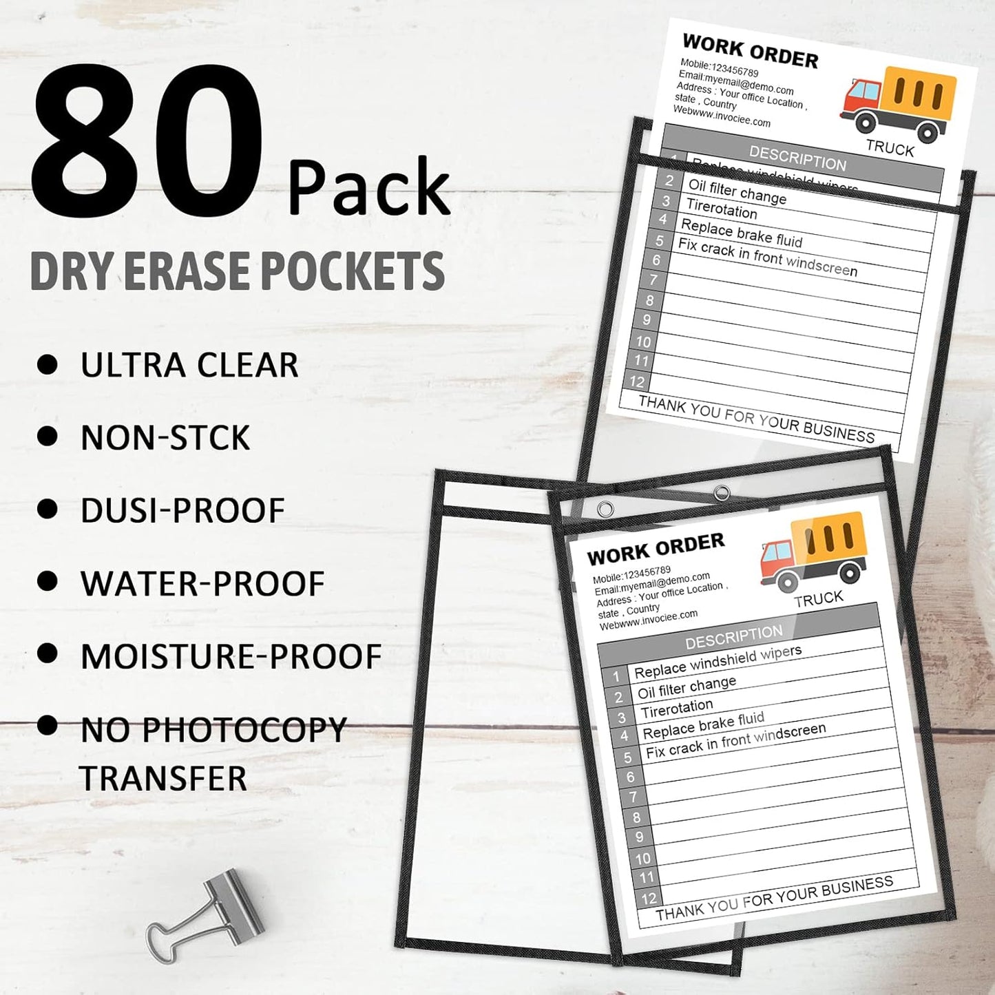 Yunsailing 80 Pack Dry Erase Pockets Job Ticket Holders Black Clear Reusable Dry Erase Shop Order Holder Plastic Ticket Pocket Protector Sleeves for Work Office Organization(10'' X 14'',Vertical)